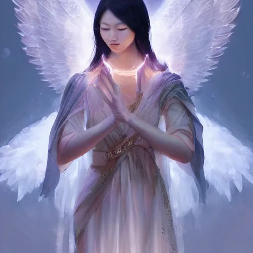 Prompt: Portrait of a Asian Goddess with angel wings, and a glowing halo, white lighting, digital art by Ruan Jia and Mandy Jurgens and Artgerm, highly detailed, trending on artstation, award winning,