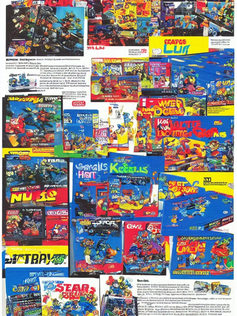 Image similar to the video - games page of the full - color 1 9 8 9 “ sears ” catalog. highly - detailed high - quality scan.