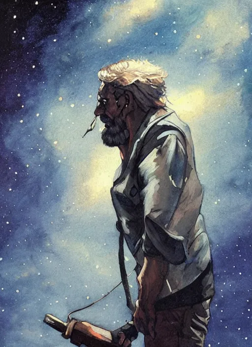 Image similar to portrait of grizzled sailor, night sky background, coherent! by brom, deep color, strong line, high contrast