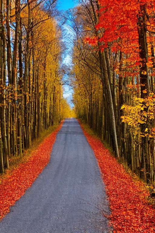 Image similar to photograph of a country road lined on both sides by maple and poplar trees, in the autumn, red orange and yellow leaves, some leaves have fallen and are under the trees and on the road