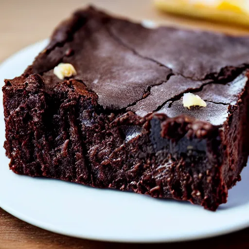 Image similar to An extreme close-up of a slice brownie with icecream on a plate, food blog, Michelin Star Restaurant, F 2.8, 85mm Velvia 100, high DOF