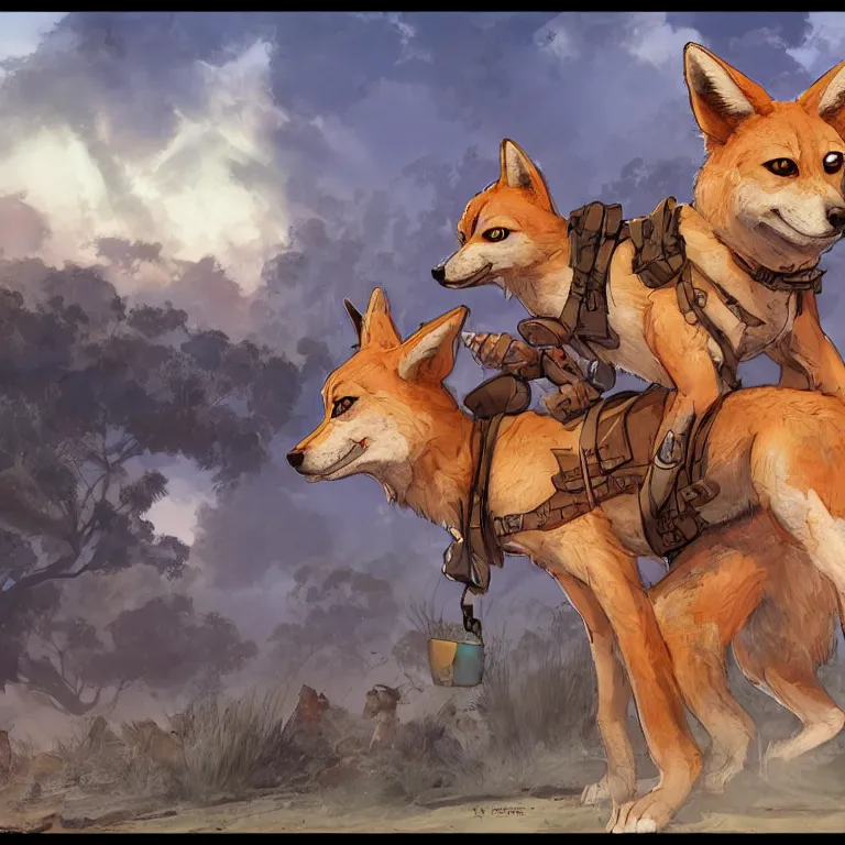 Image similar to stylized character concept art of the small cute dingo dog in the australia outback, hidari, color page, tankoban, 4 k, tone mapping, akihiko yoshida, clean bright happy adventure