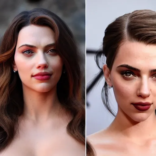 Image similar to a woman who is a genetic combination of kim kardashian and kat dennings and scarlett johansson and margot robbie and emma watson, face and upper - body focus, detailed eyes