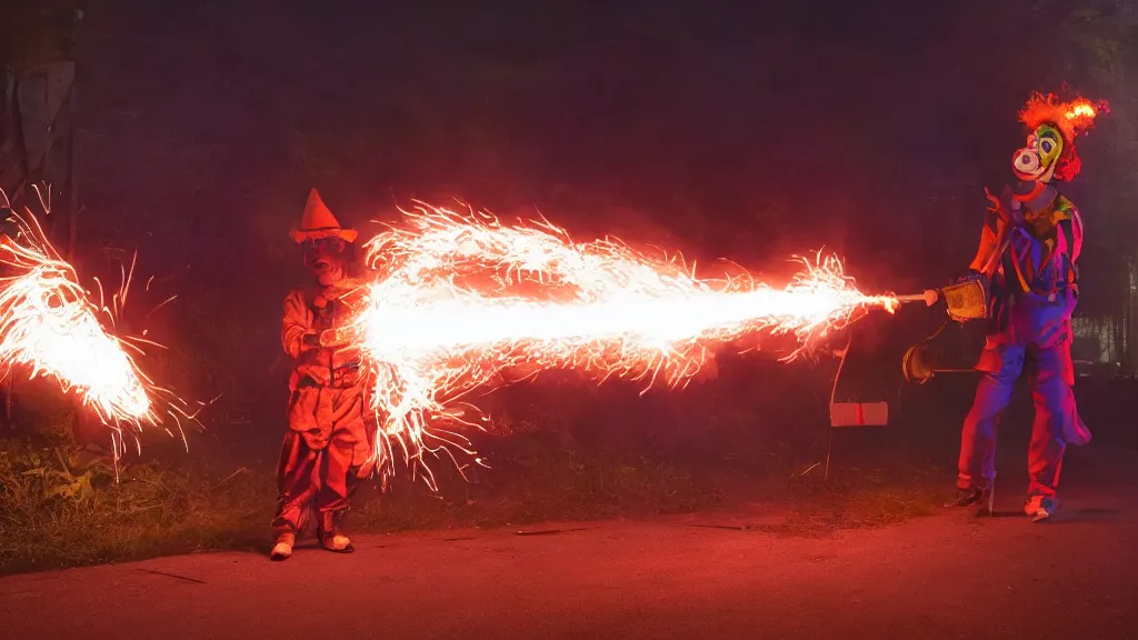 Prompt: photo of a clown using a flamethrower projecting a long bright flame towards a dumpster fire. award-winning, highly-detailed, 8K