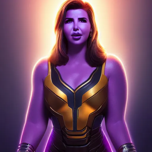 Image similar to a portrait of nancy ajram as thanos, the pixar adaptation, with same hairstyle, angry facial expressions, hyper detailed, digital art, trending in artstation, cinematic lighting, studio quality, smooth render, unreal engine 5 rendered, octane rendered
