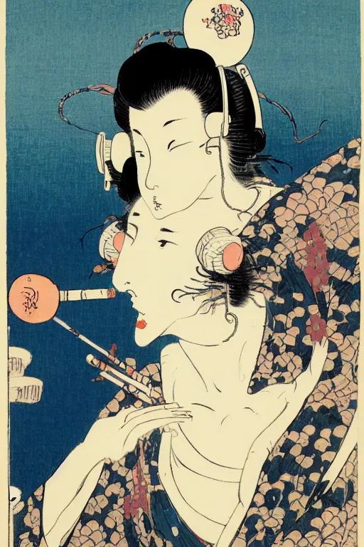 Image similar to a goddess with headphones and smoking a cigarette, in a silent disco rave, by katsushika hokusai, by ralph steadman, storybook illustration, cool color palette, in a symbolic and meaningful style, single figure