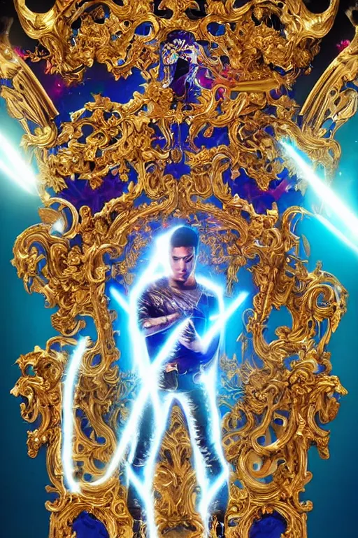 Image similar to full-body sculpture of a young handsome Latino prince as a half cibernetic android with a glowing blue battery in his chest, white laser beam coming out of his eyes, crown of giant diamonds, flowing neon-colored silk, fabric, raptors, in a cyperbunk and baroque style. baroque elements. full-length view. baroque element. intricate artwork by caravaggio. many many birds birds on background. Trending on artstation, octane render, cinematic lighting from the right, hyper realism, octane render, 8k, depth of field, 3D