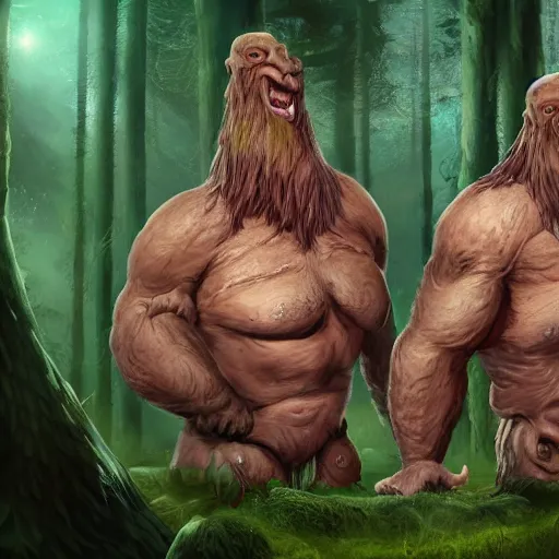 Image similar to two heads giant ettin from dnd in a dark forest, two heads, double heads, digital art, high quality render, artstation, 8 k, photograph quality, ultrahd