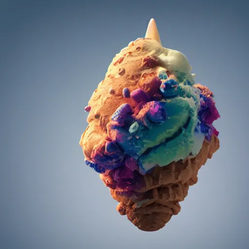 Image similar to dramatic render of a nebulous ice cream cone radiating with flavor, cgsociety, artstation, 4k