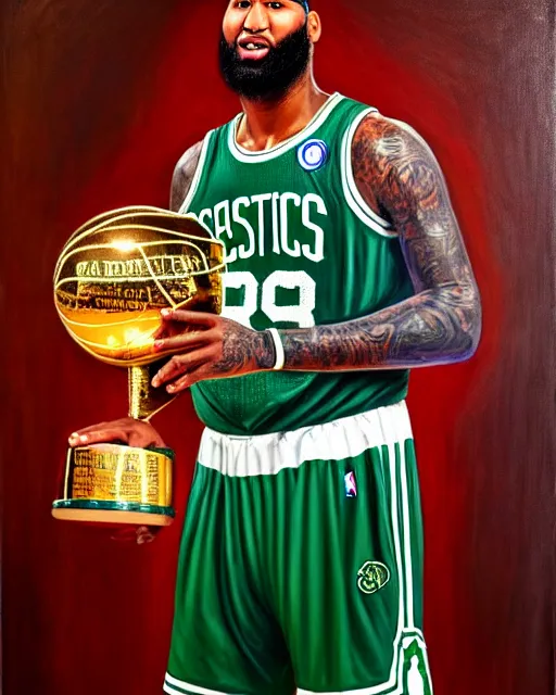 Image similar to portrait of demarcus cousins in boston celtics jersey, holding the larry o'brien trophy, oil on canvas by william sidney mount, champion, inspiring