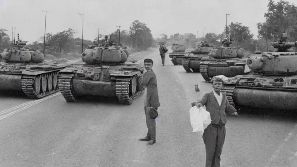 Image similar to old historic photograph of a single person in white shirt, holding white grocery bags, standing on the road facing four battle tanks approaching him