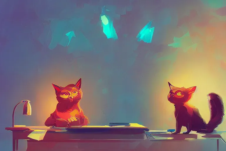 Image similar to a digital art of a godfather cat sitting by the desk, animal, light effect, highly detailed, by anton fadeev