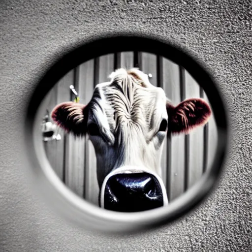 Image similar to creepy picture of cow, viewed through the peephole