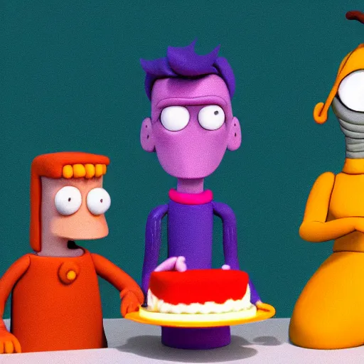 Image similar to fry, bender and leela from futurama eating cake, claymation, cinematic, 8 k