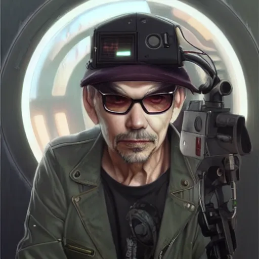 Prompt: billy bob thornton is a cyborg with eye implants and visors, drawn by krenz cushart