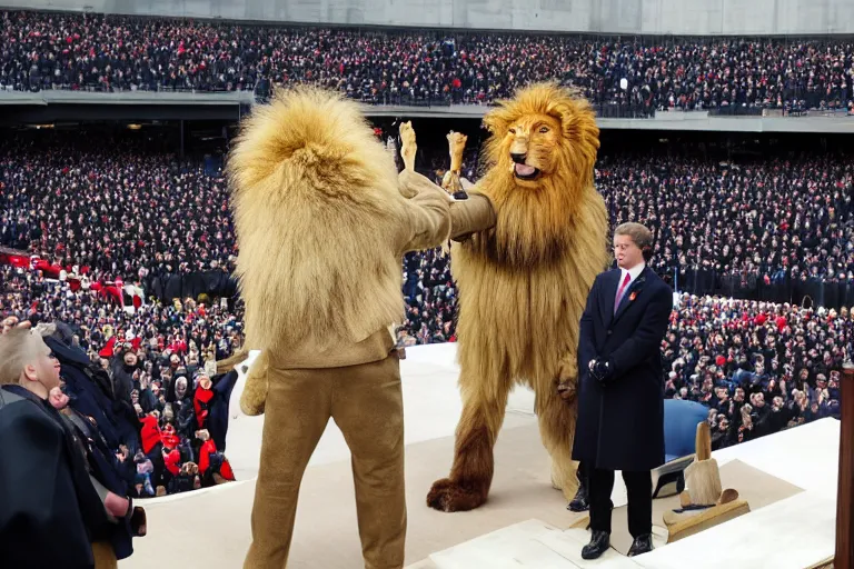 Image similar to photo of the usa presidential inauguration, a lion fursuiter being inaugurated as president