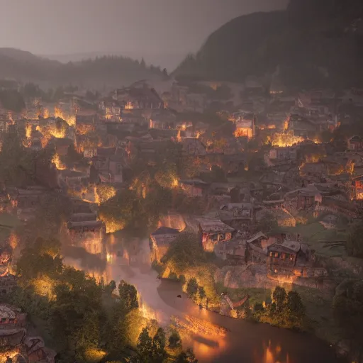 Image similar to the center of a poor medieval town under heavy rain at late dawn, in a valley, surrounded by mountains, highly detailed, octane render, ultra detailed cinematic, 8 k, widescreen, hd