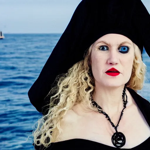 Image similar to a blonde woman in a black robe leaning over the railing of a ship, a beautiful english woman with a long face narrow nose pale skin blue eyes red lips and wild messy tangles of curly white blonde hair, high resolution film still wearing a black robe and skull necklace and holding a spear, sandy, a journey to the west