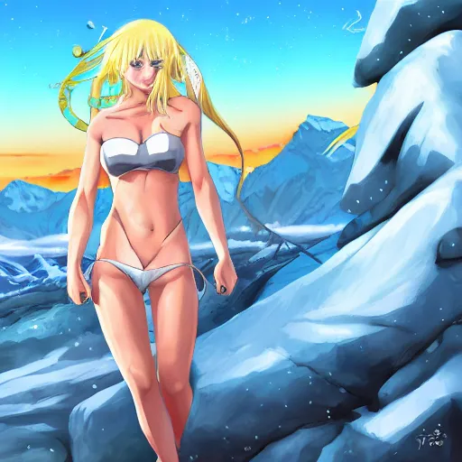 Image similar to bicolor - eyed blonde super muscular anime girl warrior in bikini riding a polar bear in the snowy mountains background, digital painting, illustration by james jean and artgerm and mina petrovic and timothy kong and marina federovna, artstation