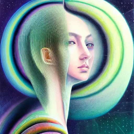 Prompt: beautiful detailed artistic portrait of a person travelling between different astral planes. reality is more than you think. stripes if light. grainy and rough. fine detail. soft colour scheme. artistic detailed painting by lurid ( 2 0 2 2 ). featured on deviantart.