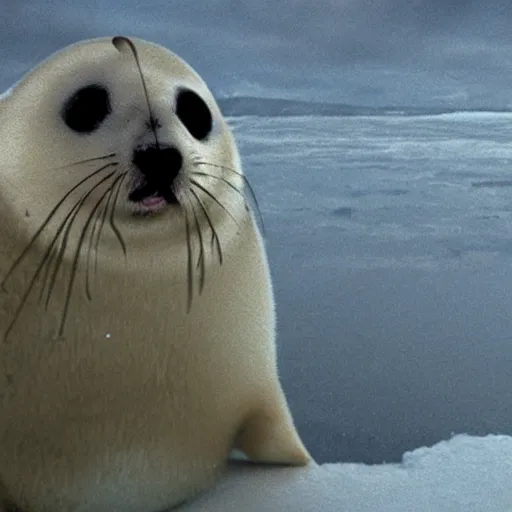 Image similar to a film still of a baby harp seal as James Bond in Skyfall