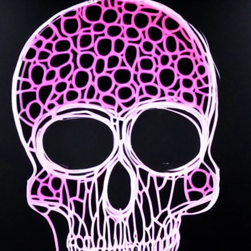 Prompt: a 3 d wireframe pink cartoon skull spray painted on a black background with dripping pink spray paint, three fourths view, graffiti, black background!!!!!