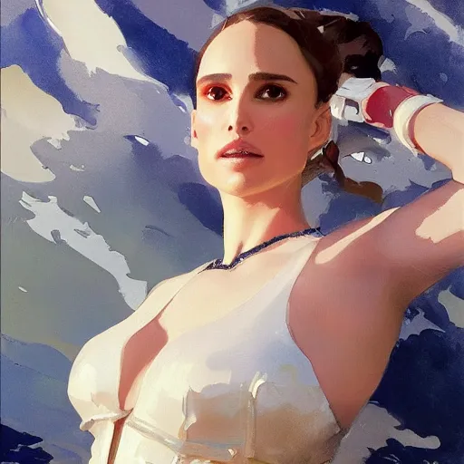 Image similar to a portrait of natalie portman in a scuba dive sui, t greg manchess painting by sargent and leyendecker, studio ghibli, fantasy, medium shot, asymmetrical, intricate, elegant, matte painting, illustration, hearthstone, by greg rutkowski, by greg tocchini, by james gilleard, by joe fenton