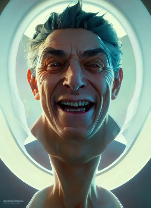 Prompt: symmetry, concept art by artgerm, distance portrait of a hyper realistic, happy, rick sanchez by greg rutkowski, alphonse mucha, octane render, highly detailed, high quality, 8 k, soft lighting, path traced, and uang guangjian and gil elvgren, symmetry!!