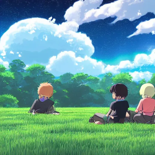 Prompt: detailed digital drawing of a few children sitting on a grass field look at a war with spaceships in the sky, anime by Makoto Shinkai