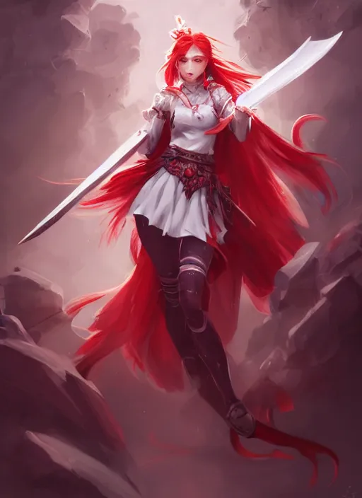 Image similar to a highly detailed illustration of fierce messy ponytail red haired one armed delinquent woman wearing long white tokkoufuku cape, dramatic wielding paper sword pose, intricate, elegant, highly detailed, centered, digital painting, artstation, concept art, smooth, sharp focus, league of legends concept art, wlop.