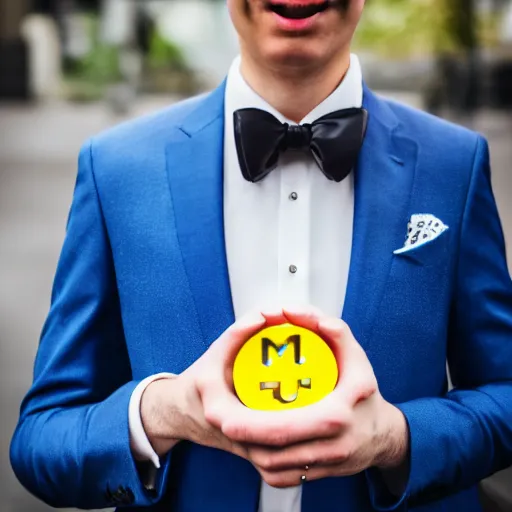 Prompt: Pac-Man wearing a suit, Sigma 85mm f_1.4, 4k, hd, portrait photography