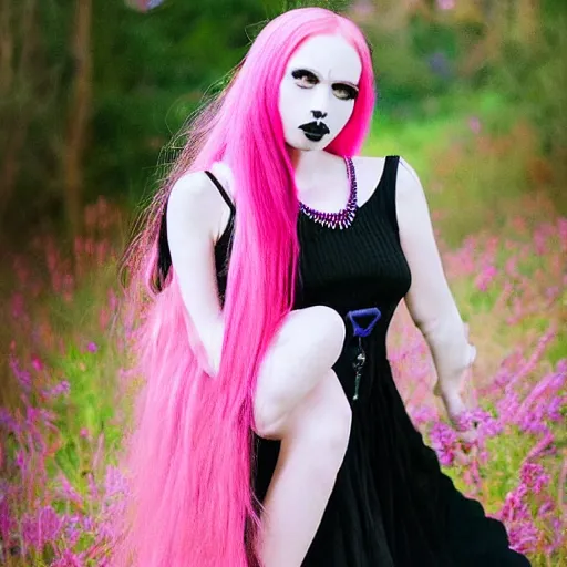 Image similar to a 3 5 mm photography, kodachrome color of a gothic instagram model, pink hair, blue iris!!!, long black skirt, pentagram pendant