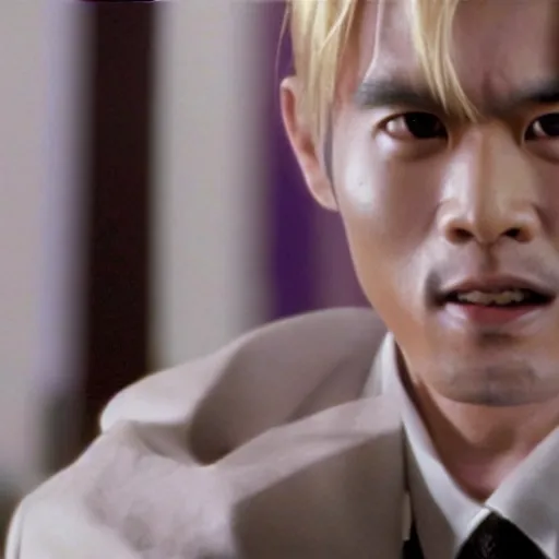 Image similar to a film still of a asian man with blonde hair wearing a purple suit in American Psycho(2000)