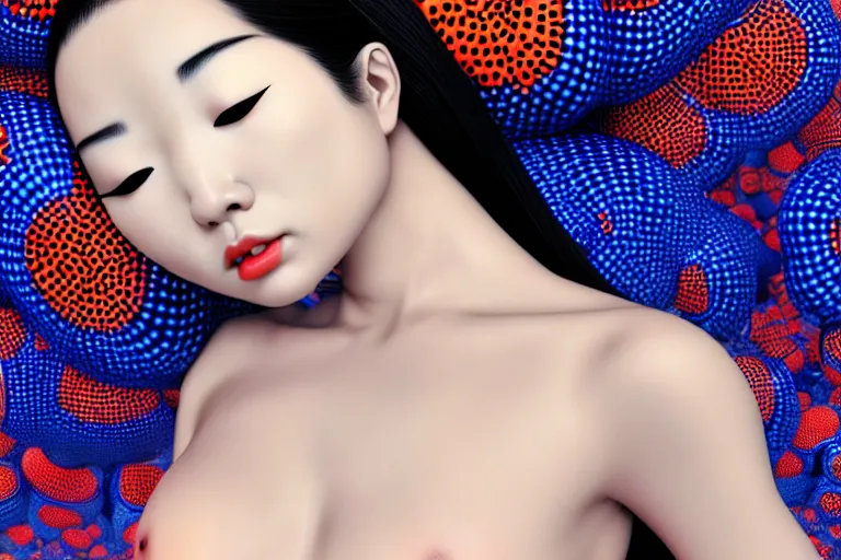 Image similar to hyperrealistic detailed image of a geisha laying in a art installation room, hd smooth interior by yayoi kusama, part by kei mieno, part by alex gray, part by ross tran, part by james jean, ultra realistic, highly detailed, life like face, detailed body, 8 k, octane render, trending on artstation, very cohesive, masterpiece