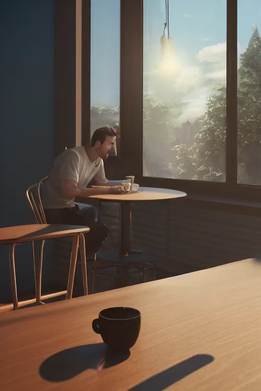 Image similar to a man sitting on a café table mext to a window and holding a cup of coffee at sunset, Pixar style, black hair, 4K, cartoon, concept art, octane render, unreal engine 5, path tracing, complementary colours, serene scene, warm, cute, natural lighting, high quality, highly detailed, high coherence, defined face, five fingers, anatomically correct, soft lighting, close view, digital art, trending on DeviantArt