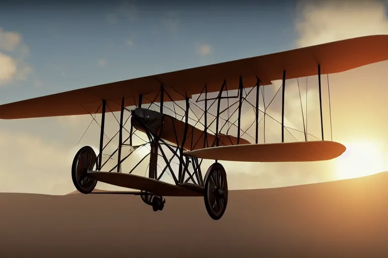 Image similar to still photo of the wright brothers flying airplane for the first time, highly detailed, photorealistic shot, bright studio setting, studio lighting, crisp quality and light reflections, unreal engine 5 quality render