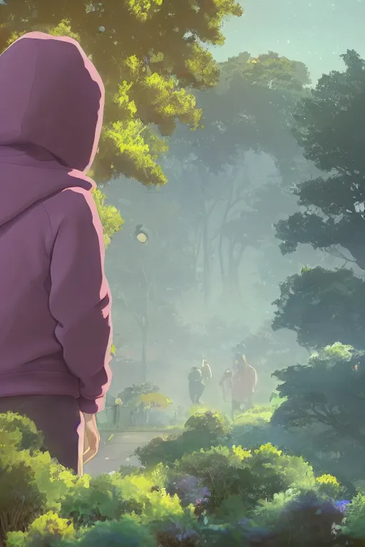 Image similar to young man in a purple hoodie, back view, messy short brown hair, detailed neighbourhood background, trees, colourful, 8 k, anime, ghibli style, graphic novel, digital art trending on artstation, volumetric lighting, octane render, cinematic, hyper detailed