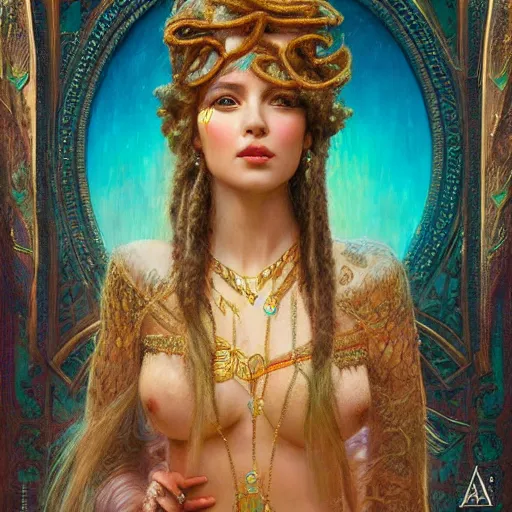 Prompt: artstation, intricate detail, portrait by gaston bussiere, tan skin, lady of elche, egyptian sumerian features, techno mystic dominatrix goddess intergalactica inanna with aqua neon rapunzel dreadlocks,