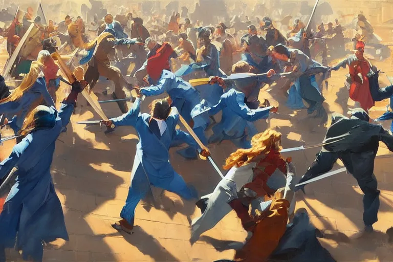 Image similar to greg manchess painting of a crowd throwing swords at a blond man in a blue suit, organic painting, sunny day, matte painting, bold shapes, hard edges, street art, trending on artstation, by huang guangjian, gil elvgren, ruan jia, randy vargas, greg rutkowski