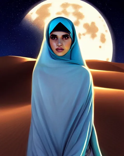 Image similar to Portrait of very very very very very very beautiful Arab woman wearing a Niqab, glowing magical eyes, energy trails, under giant full moon in the desert, intricate, elegant, highly detailed, digital painting, artstation, concept art, smooth, sharp focus, illustration, art by artgerm and greg rutkowski and alphonse mucha