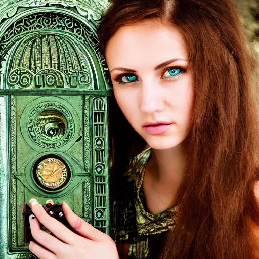 Image similar to lomo photograph, intricate detail, hyper detail, young beautifull woman, joyfull, full body potrait holding a timemachine, hazel green eyes, realistic, highlydetailed, natural, model shoot, masterpiece, sharp focus,