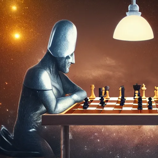 Image similar to photorealistic 8 k image of a giant in a tinfoil hat playing chess with aliens