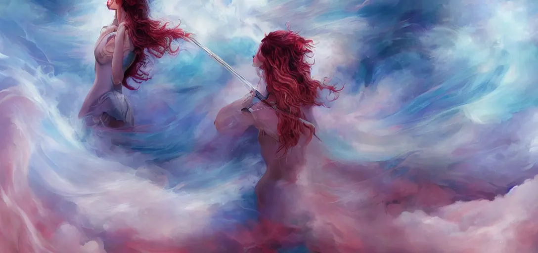 Prompt: a painting of a woman who made of curly and transparent feathers and cloud with red edges is holding a sword, a digital painting by charlie bowater, made of many translucent layers of blue feathers and cloud, metaphysical painting, speedpainting, digital painting, holographic undertones, highly saturated colors, 4 k, glossy eyes, concept art, trending on artstation