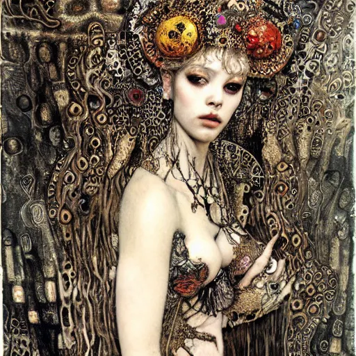 Image similar to depraved goddess, intricate detail, klimt, royo, royo, giger, miro, whealan,