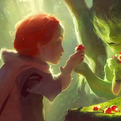 Image similar to a girl accepting an apple from a green skinned witch, by Jordan Grimmer and greg rutkowski, crisp lines and color,