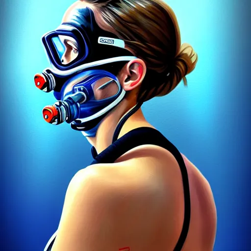 Image similar to diver with diving mask with tattoos on arm and neck, side profile in underwater, highly detailed, digital painting, artstation, concept art, smooth, sharp focus, illustration by Sandra Chevrier