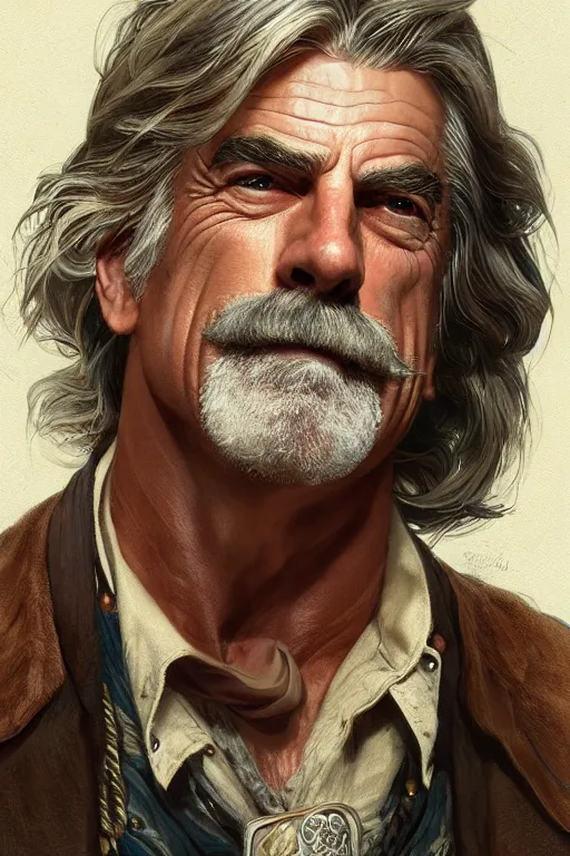 Image similar to portrait of sam elliott, western, gunslinger, duster, fantasy, intricate, elegant, highly detailed, digital painting, artstation, concept art, sharp focus, illustration, art by artgerm and greg rutkowski and alphonse mucha