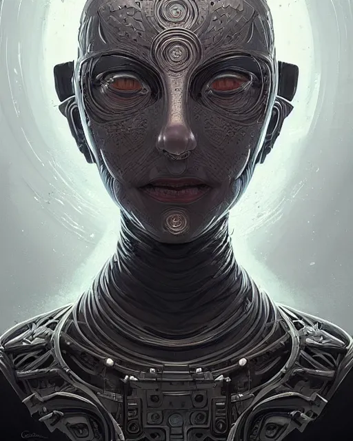 Image similar to professional ominous concept art portrait of a robot character with a flat metallic mandala face by artgerm and greg rutkowski. an intricate, elegant, highly detailed digital painting, concept art, smooth, sharp focus, illustration, in the style of simon stalenhag, wayne barlowe, and igor kieryluk.