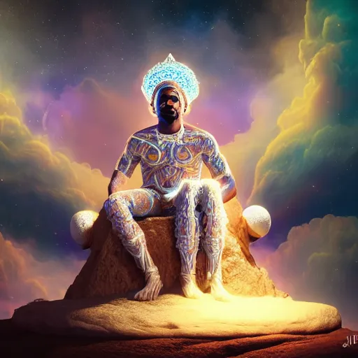 Prompt: obatala the cosmic god sitting on a throne of nebula clouds, by justin bua, matte painting, orisha, 8k, hd, volumetric lighting