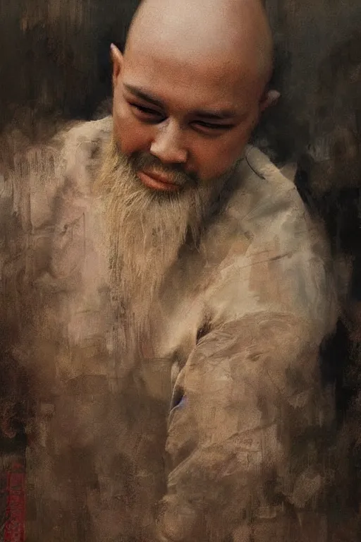 Image similar to beautiful bald kazakh guy with a short beard, painted by ruan jia, realistic, dramatic light